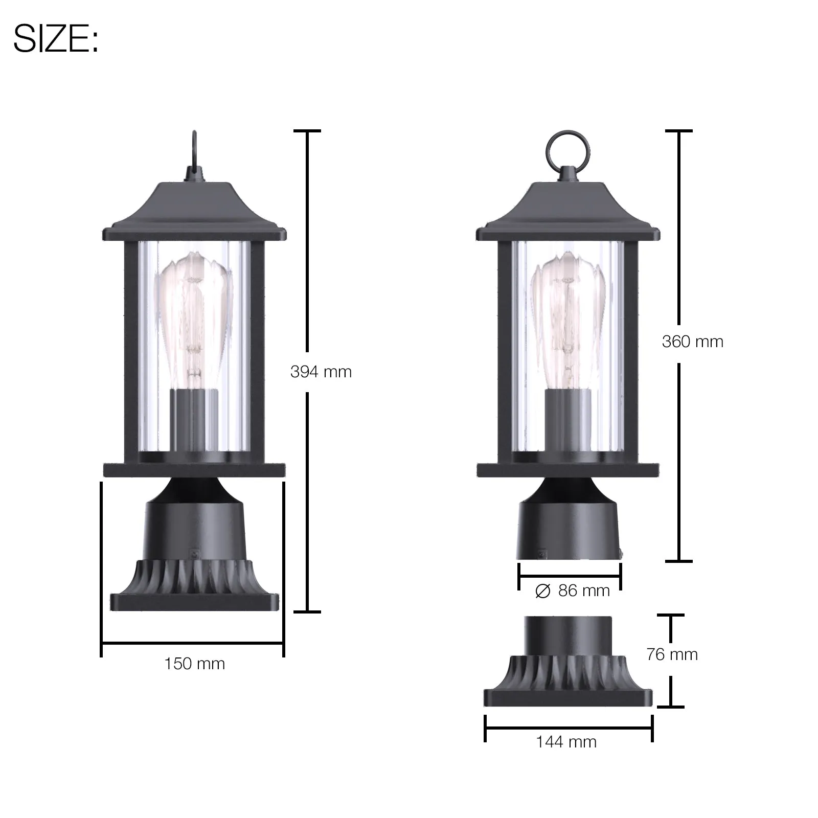 JULIA Outdoor Post Lights with Motion Sensor Dusk to Dawn with Pier Mount Base Matt Black E27