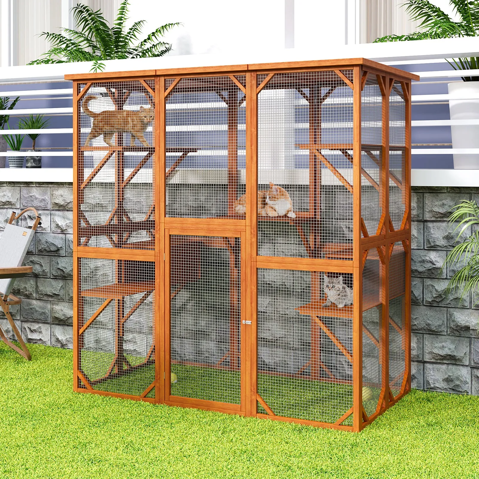 Large Outdoor Cat House Catio with Weather-Resistant Roof - 71"x35"x71"