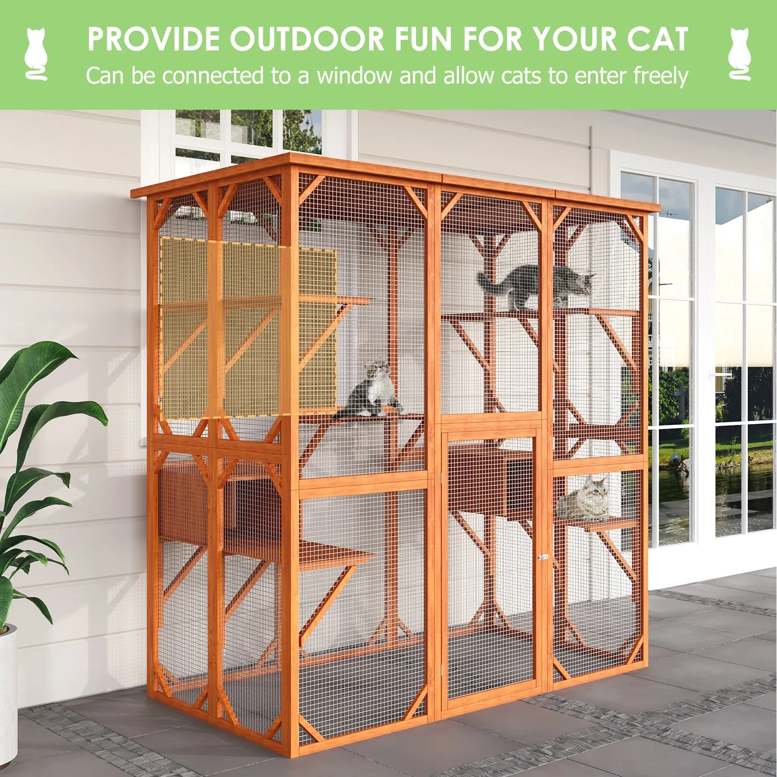 Large Outdoor Cat House Catio with Weather-Resistant Roof - 71"x35"x71"