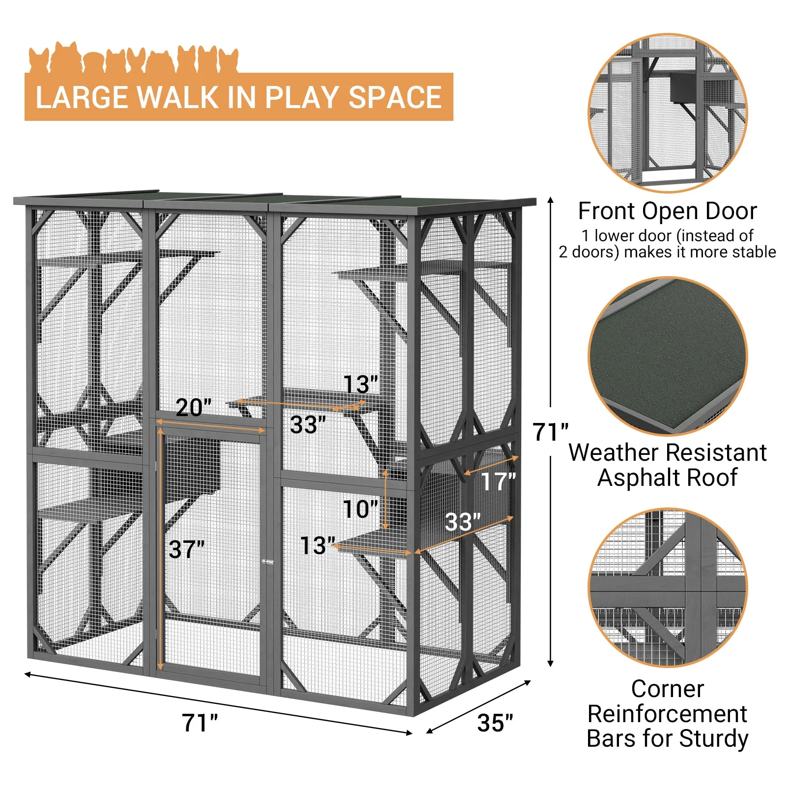 Large Outdoor Cat House Catio with Weather-Resistant Roof - 71"x35"x71"