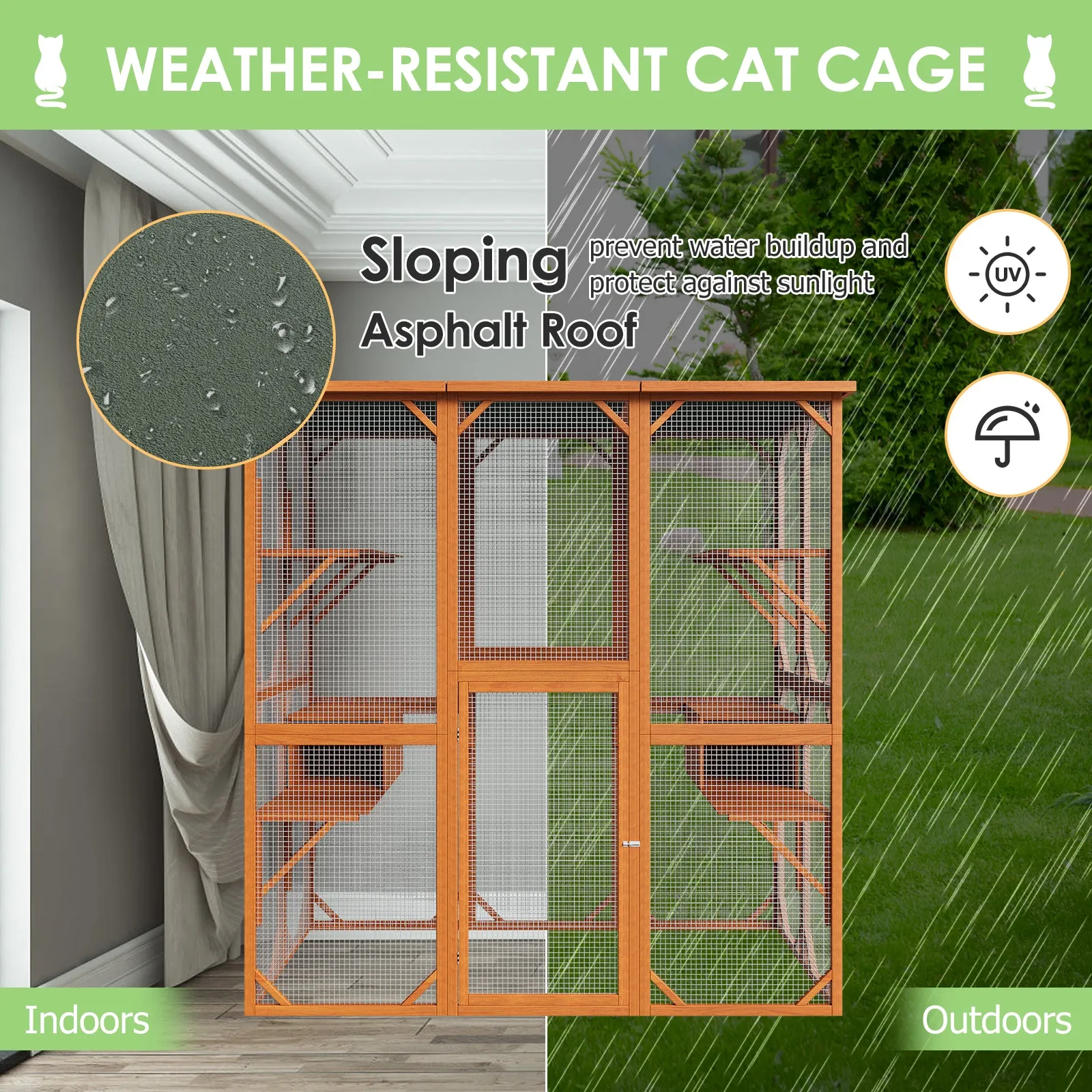 Large Outdoor Cat House Catio with Weather-Resistant Roof - 71"x35"x71"