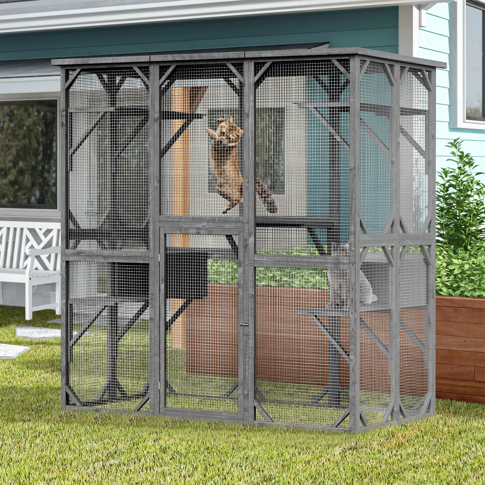 Large Outdoor Cat House Catio with Weather-Resistant Roof - 71"x35"x71"