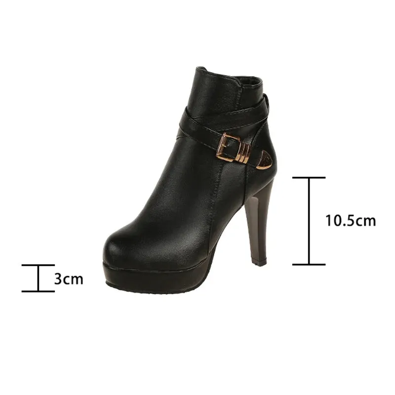 Leather Buckle Strap Side Zip Women's Super High Heels Boots