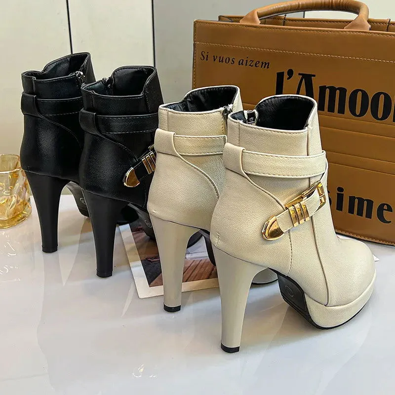 Leather Buckle Strap Side Zip Women's Super High Heels Boots