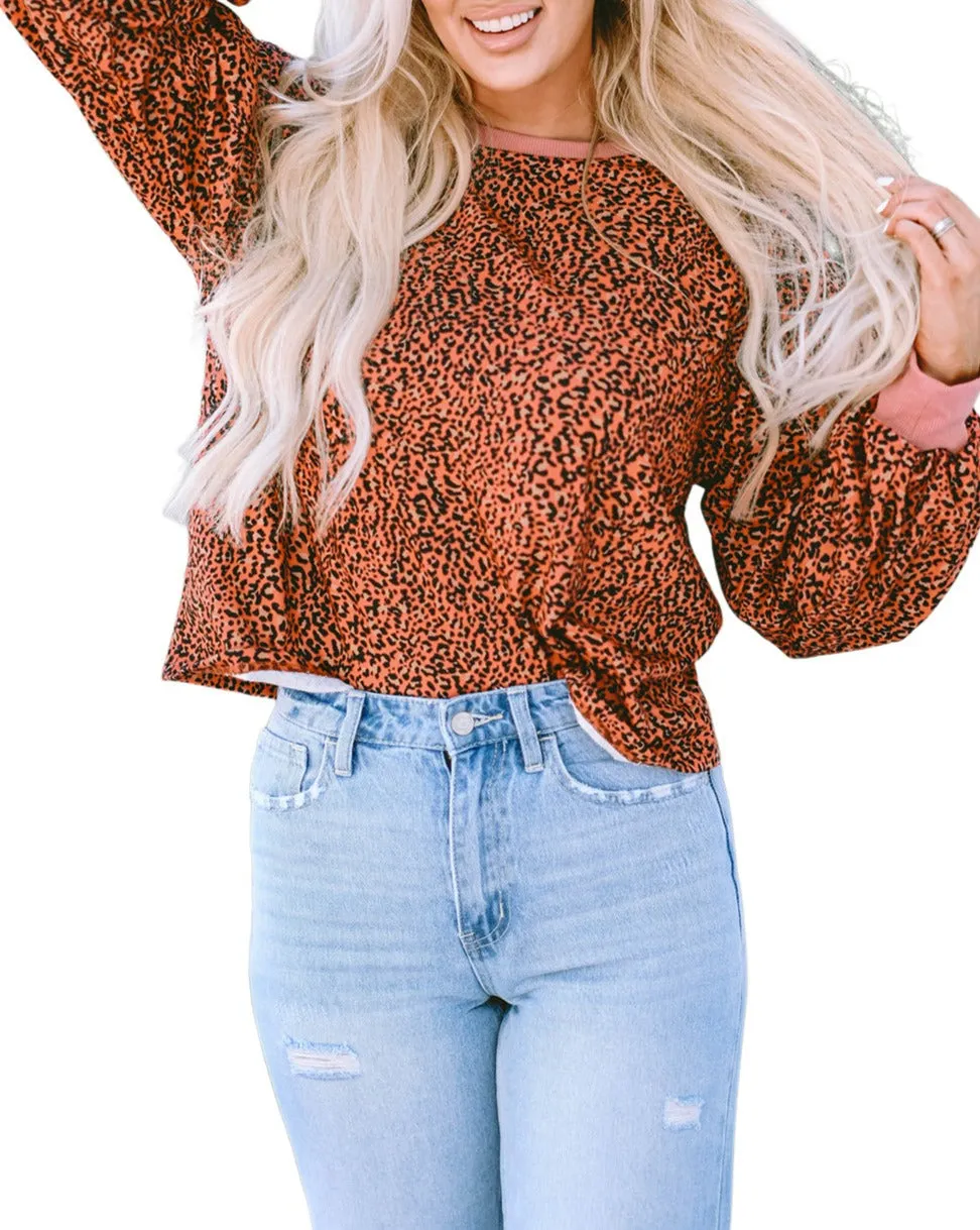 Leopard Bubble Sleeve Pullover Sweatshirt