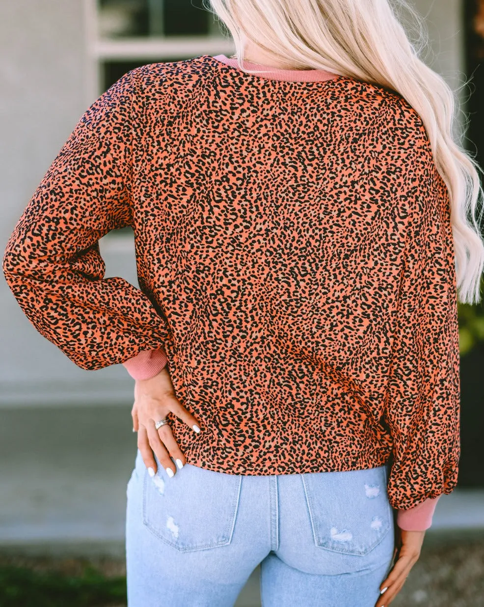 Leopard Bubble Sleeve Pullover Sweatshirt