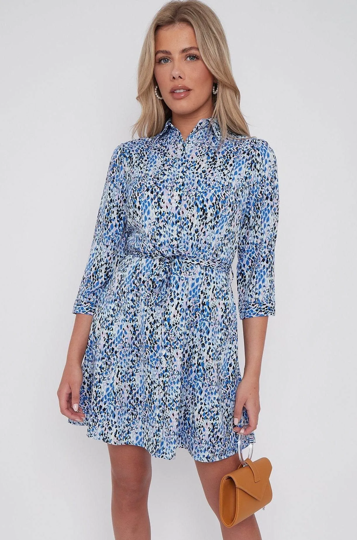 LOVE SUNSHINE Blue Leopard Print Belted Mini Shirt Dress