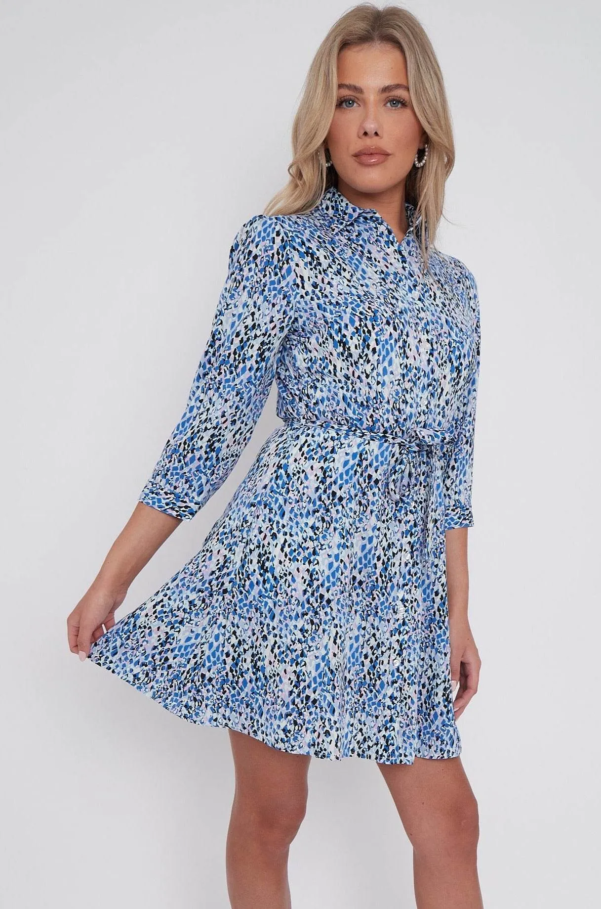 LOVE SUNSHINE Blue Leopard Print Belted Mini Shirt Dress