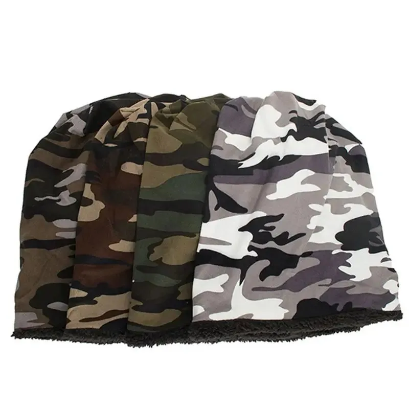 Men Women Winter Warm Cotton Baggy Beanie Hat Camouflage Print Thick Faux Fleece Lining Cold Weather Snow Ski Skull Cap