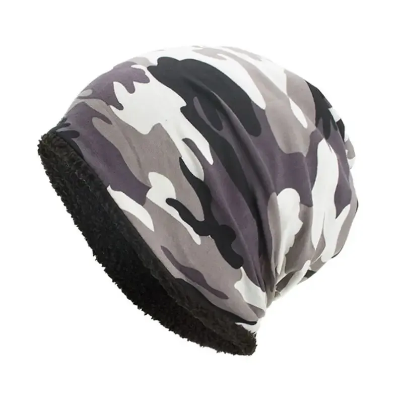 Men Women Winter Warm Cotton Baggy Beanie Hat Camouflage Print Thick Faux Fleece Lining Cold Weather Snow Ski Skull Cap