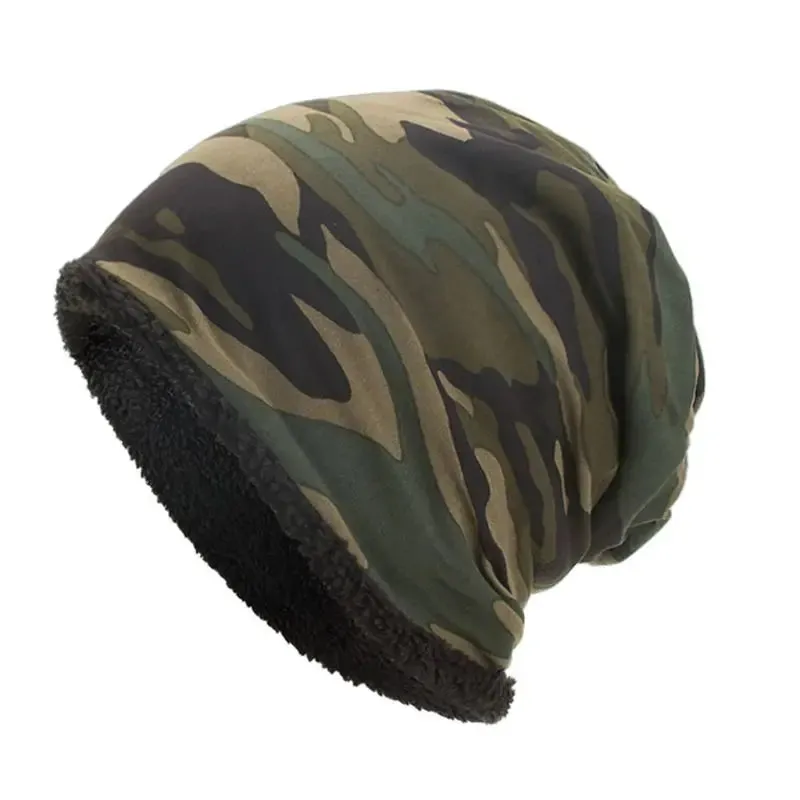 Men Women Winter Warm Cotton Baggy Beanie Hat Camouflage Print Thick Faux Fleece Lining Cold Weather Snow Ski Skull Cap