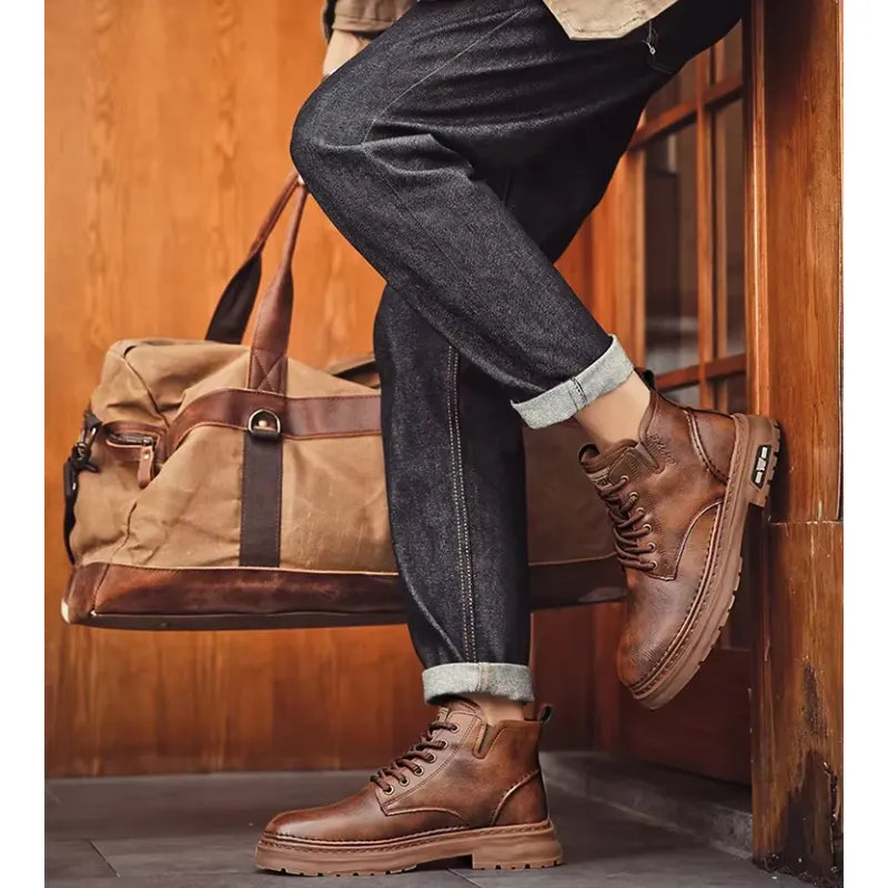 Men's Waterproof Vegan Leather Ankle Boots with Patchwork  | Perfect for All-Season Use