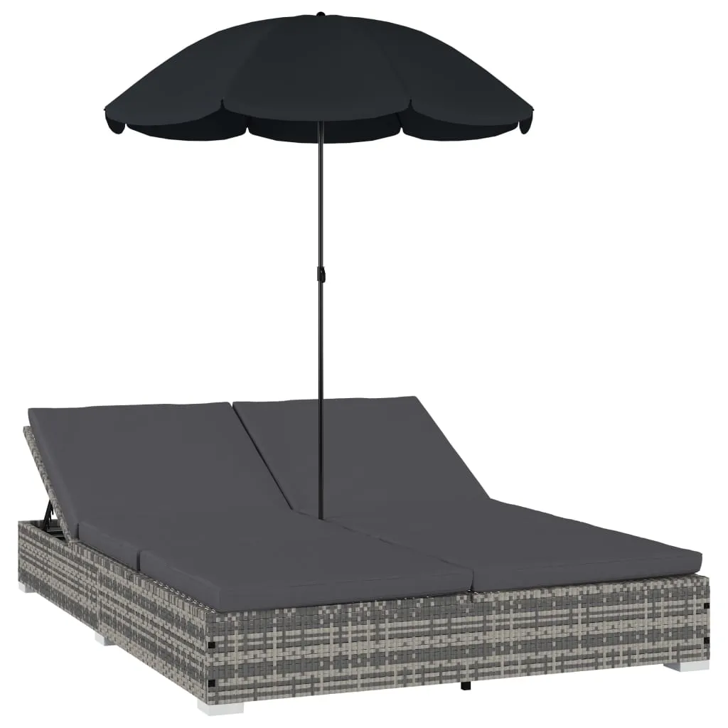 Outdoor Lounge Bed with Umbrella Poly Rattan Grey