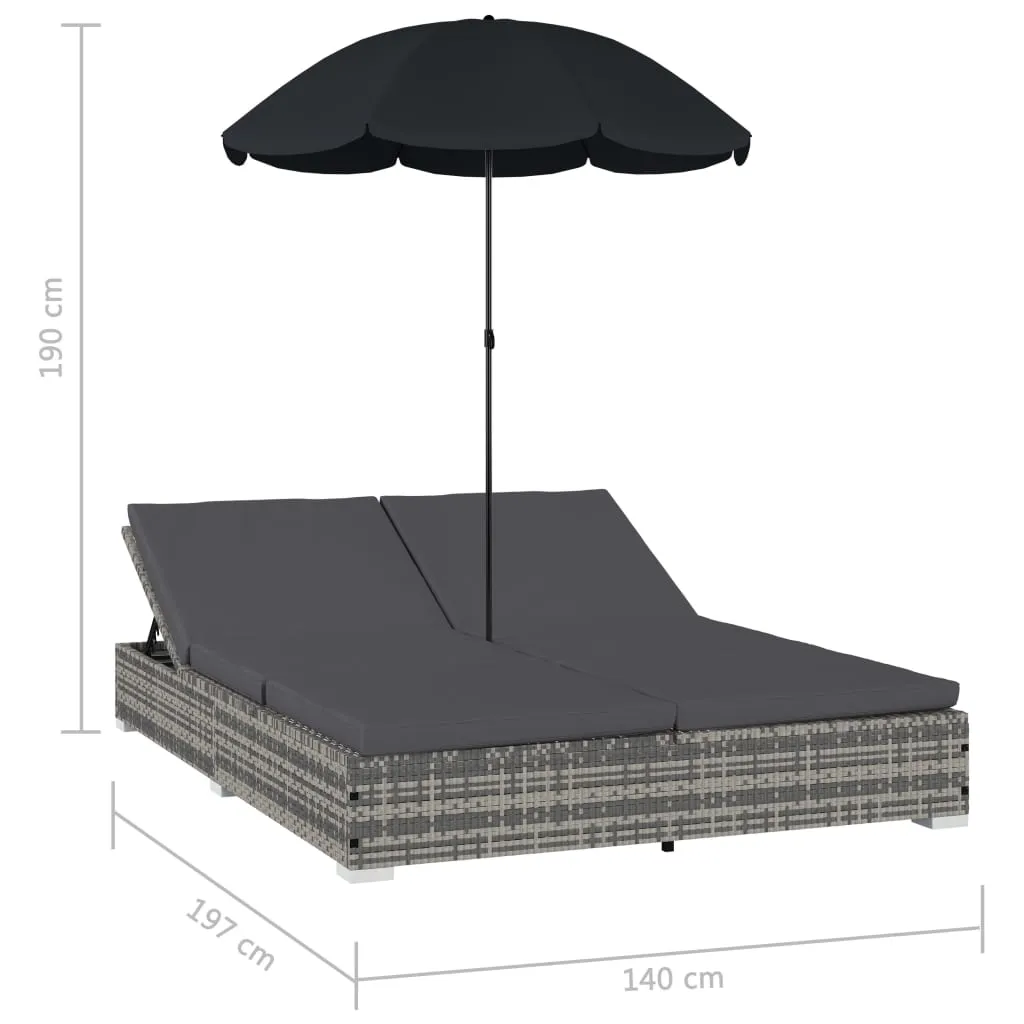 Outdoor Lounge Bed with Umbrella Poly Rattan Grey