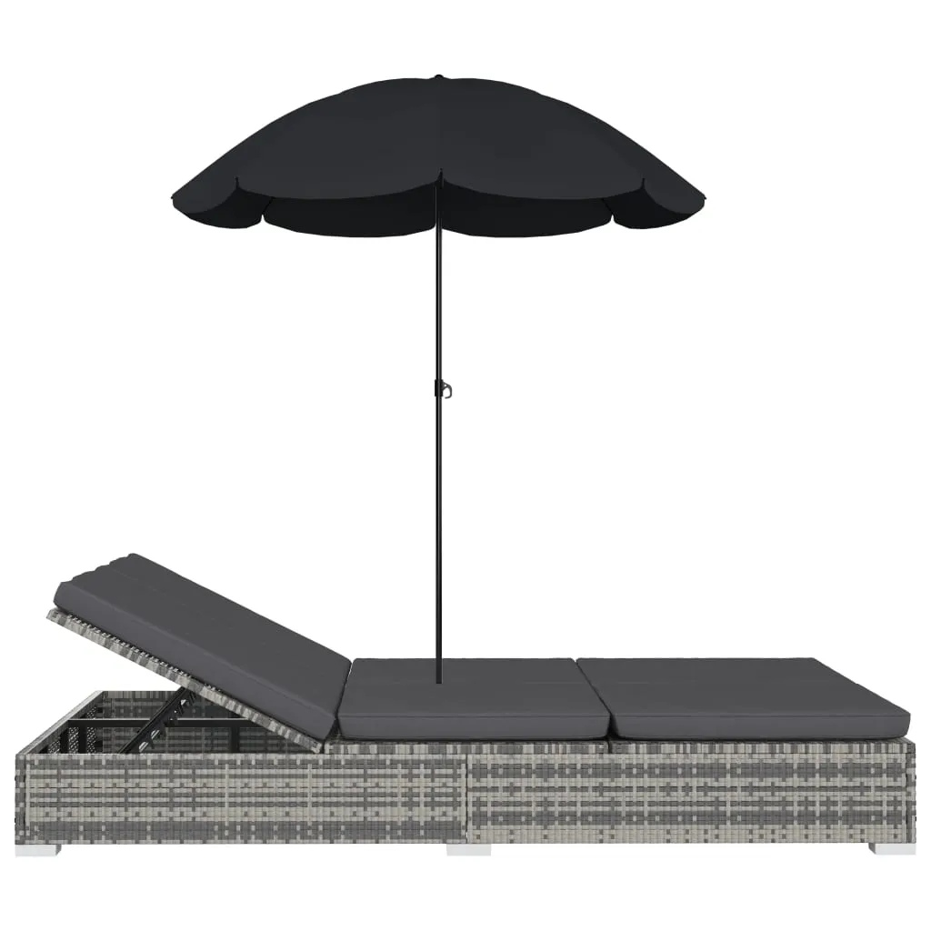 Outdoor Lounge Bed with Umbrella Poly Rattan Grey