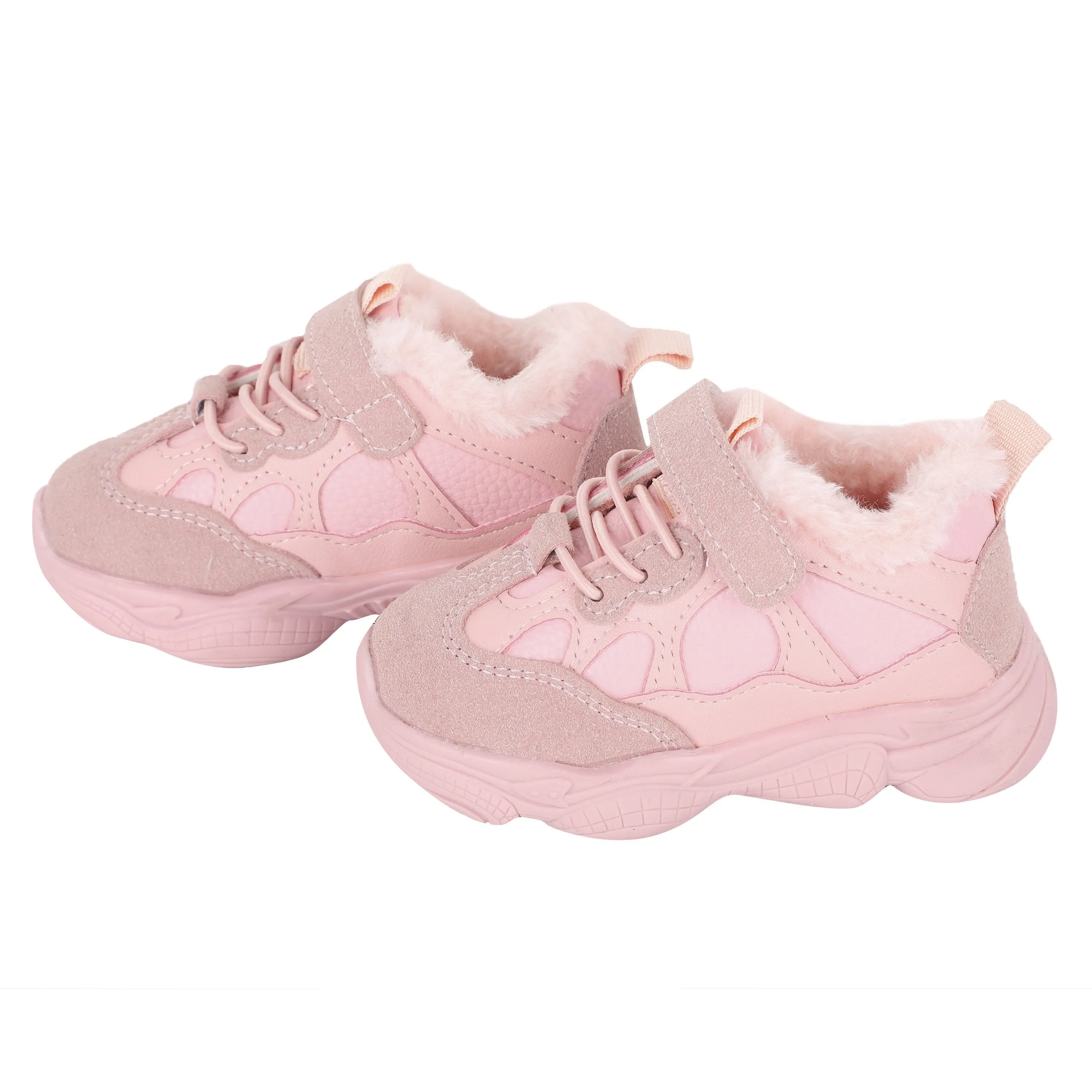 Pink Fur Lace Up Velcro Shoes