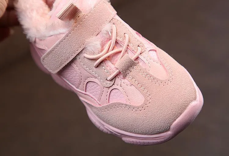 Pink Fur Lace Up Velcro Shoes