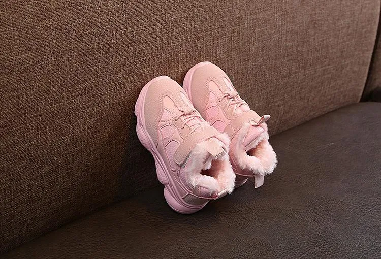 Pink Fur Lace Up Velcro Shoes