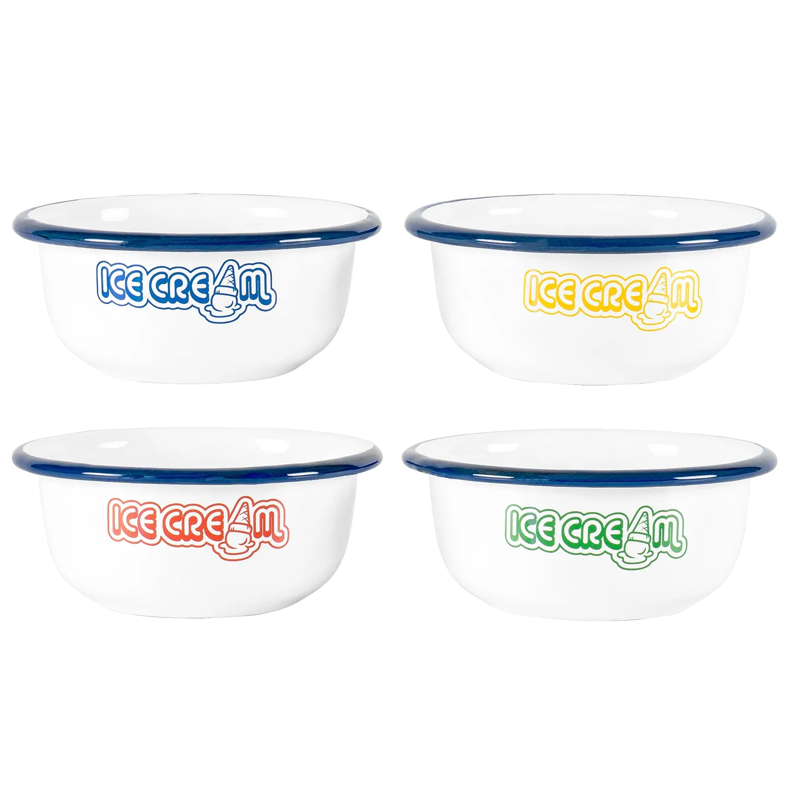 Red Co. Set of 4 White Enamelware Metal 7 oz Ice Cream Bowls, Assorted Color Prints/Navy Blue Rim