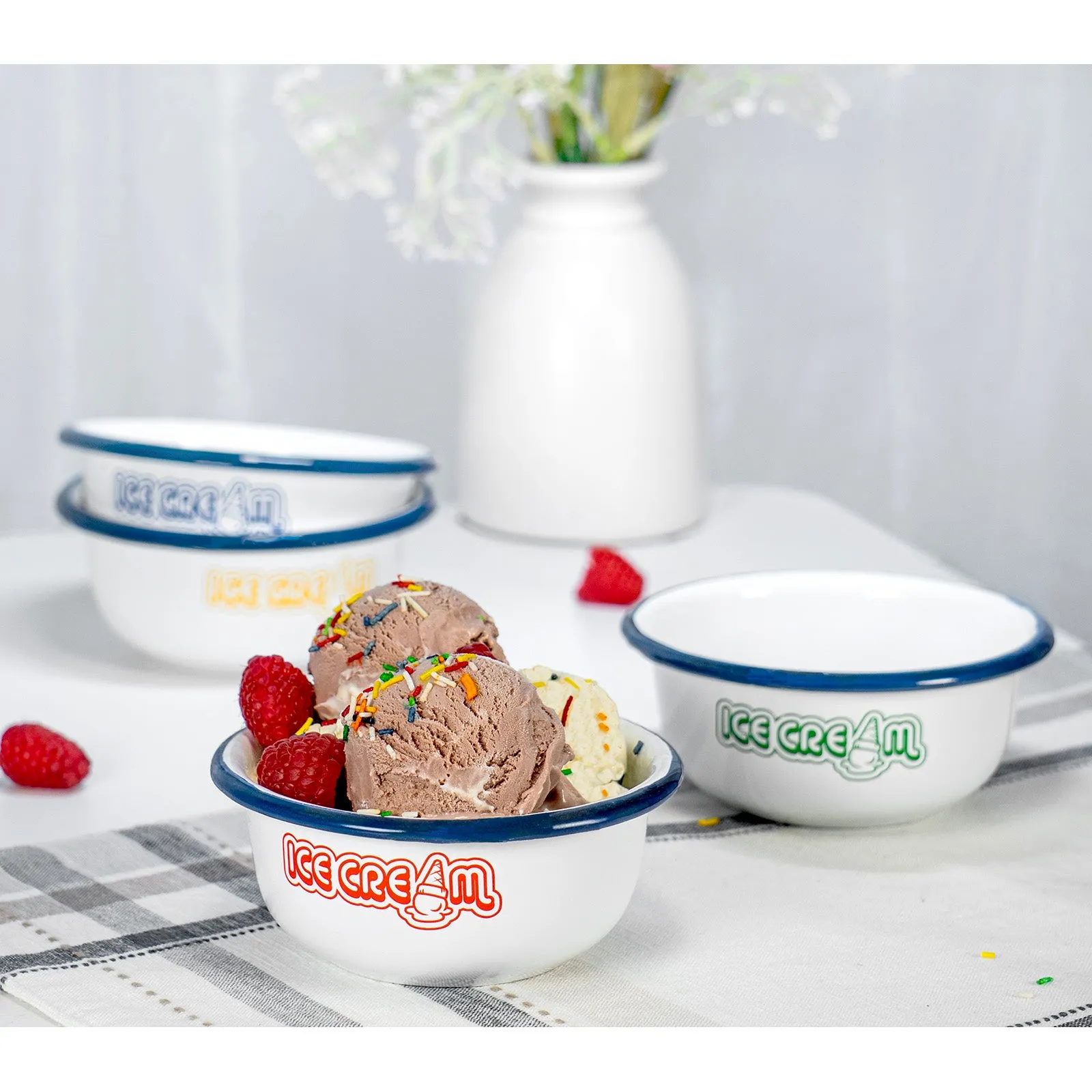 Red Co. Set of 4 White Enamelware Metal 7 oz Ice Cream Bowls, Assorted Color Prints/Navy Blue Rim