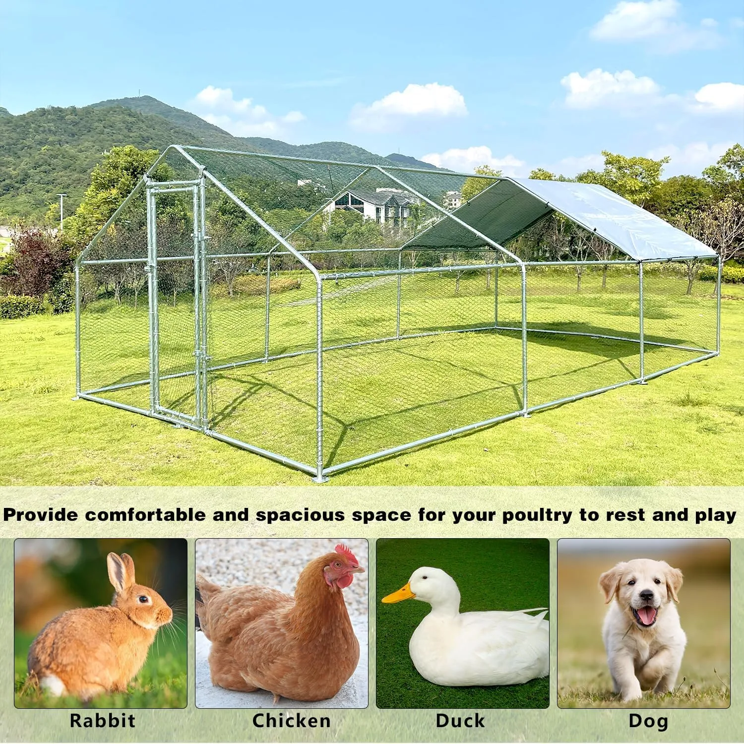 SANNWSG Large Metal Chicken Coop Walk-in Poultry Cage Chicken Run Pen Dog Kennel Duck House with Waterproof and Anti-Ultraviolet Cover for Outdoor Farm Use