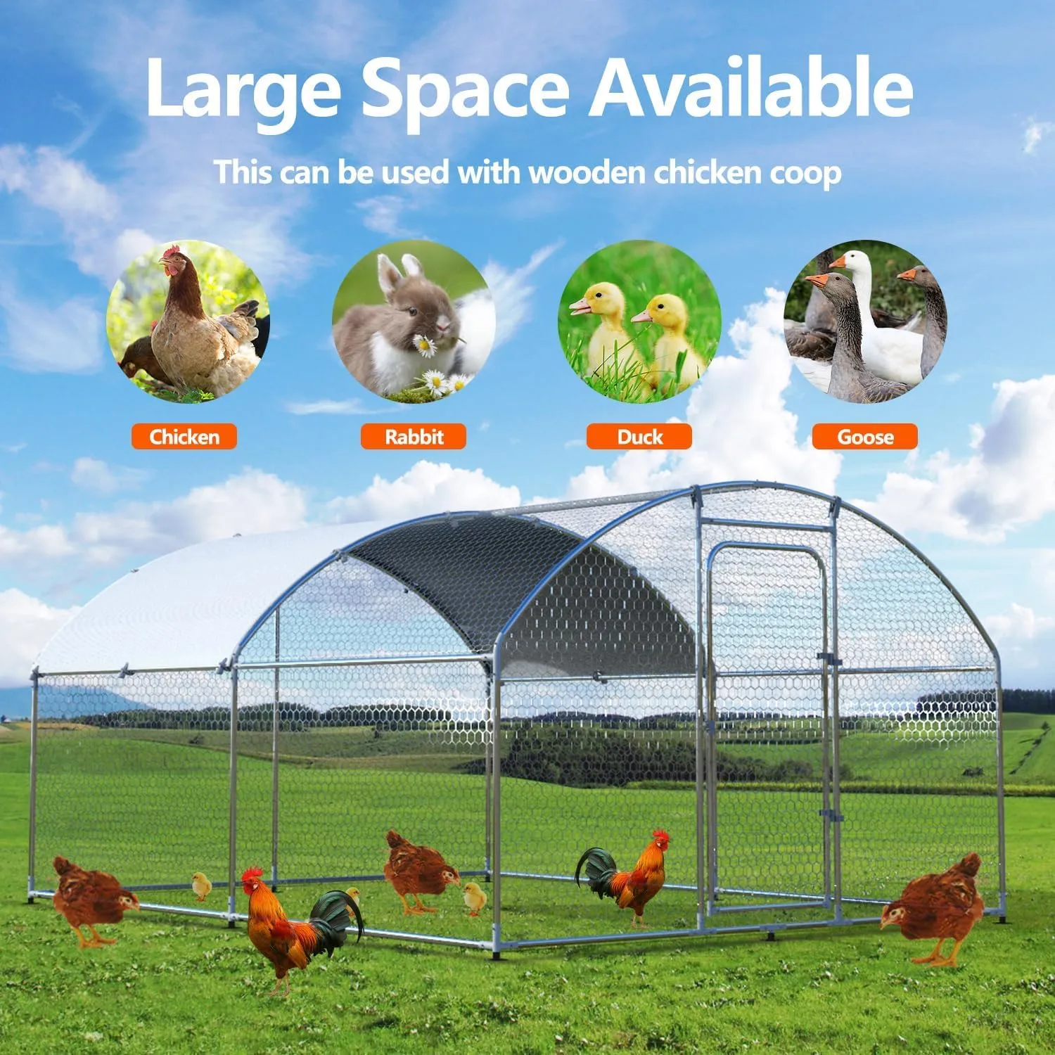 SANNWSG Large Metal Chicken Coop Walk-in Poultry Cage Chicken Run Pen Dog Kennel Duck House with Waterproof and Anti-Ultraviolet Cover for Outdoor Farm Use