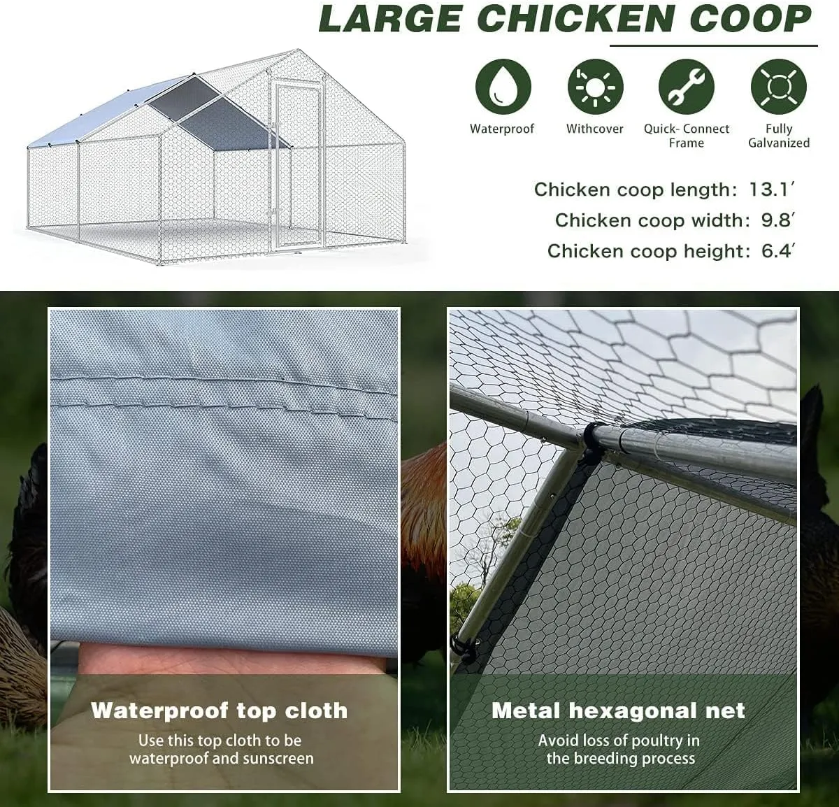 SANNWSG Large Metal Chicken Coop Walk-in Poultry Cage Chicken Run Pen Dog Kennel Duck House with Waterproof and Anti-Ultraviolet Cover for Outdoor Farm Use