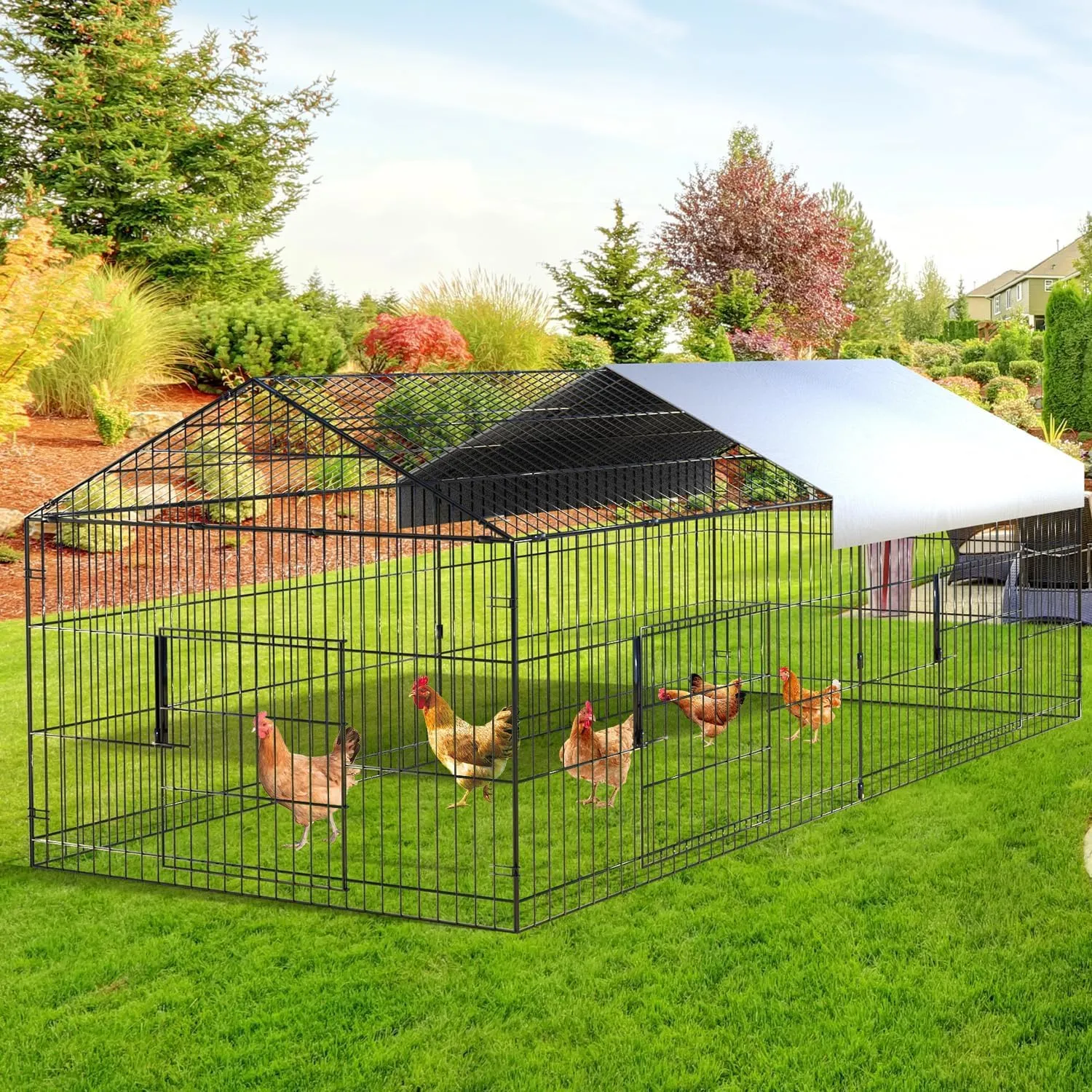 SANNWSG Large Metal Chicken Coop Walk-in Poultry Cage Chicken Run Pen Dog Kennel Duck House with Waterproof and Anti-Ultraviolet Cover for Outdoor Farm Use