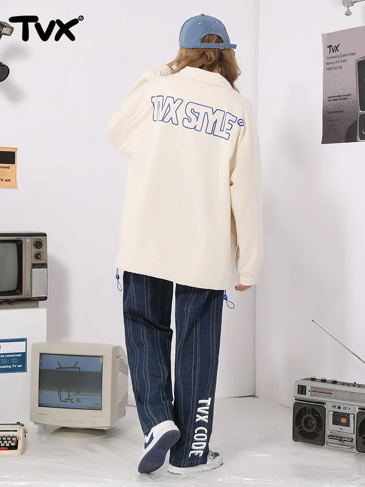 Simple style letter-printed label jacket with adjustable hem standing collar