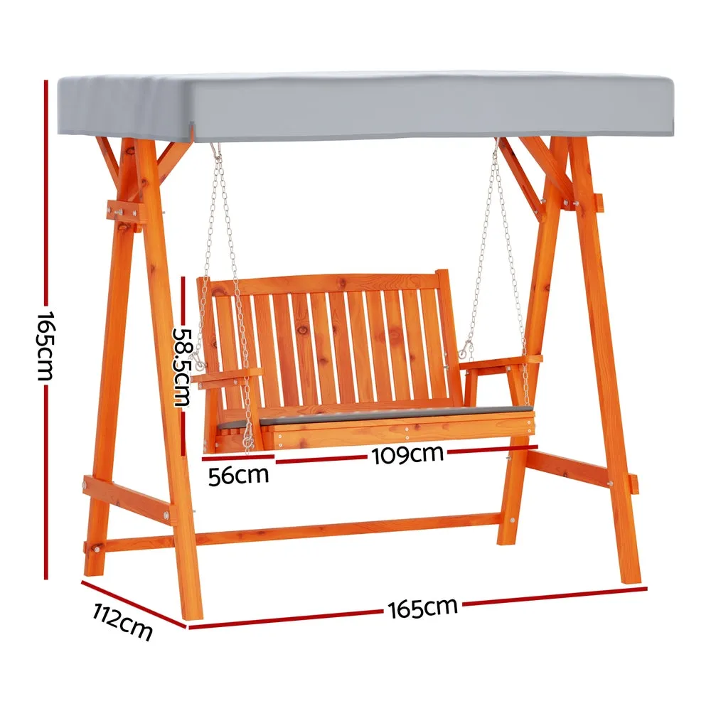 Teak Colour Outdoor 2 Seater Swinging Chair Loveseat Canopy Shade Wooden Swing Seat