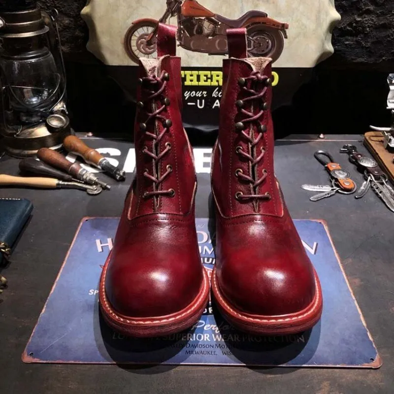 TEEK - Handmade Mens Red Wine Round Toe Vintage Boots