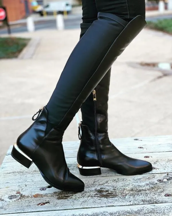 The Fairoks Black Leather Pointy Toe Knee High Women Boot