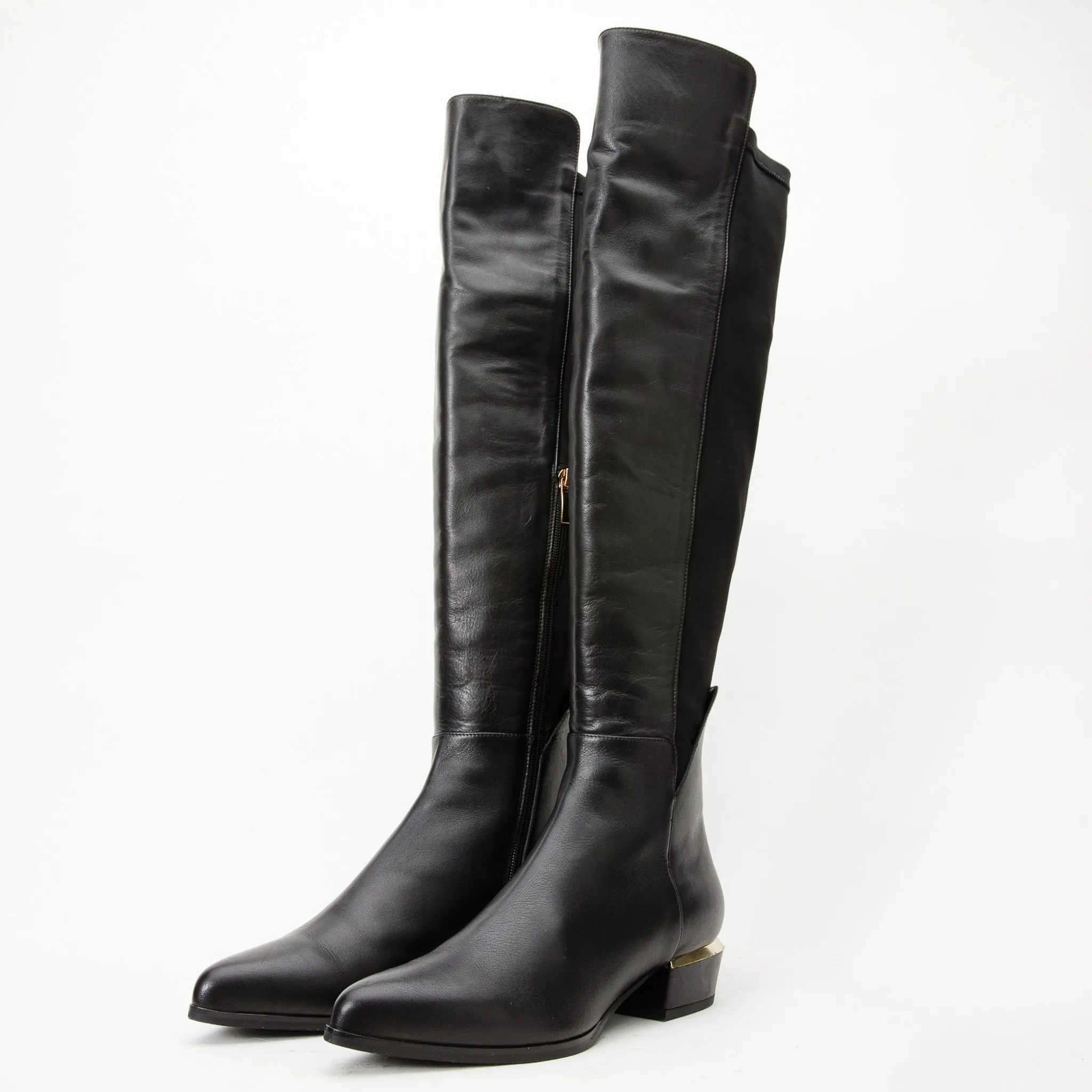 The Fairoks Black Leather Pointy Toe Knee High Women Boot