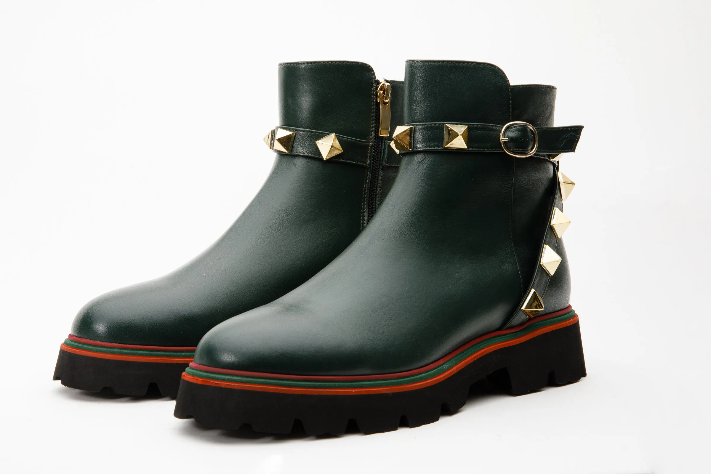 The Prag Green Leather Ankle Women Boot