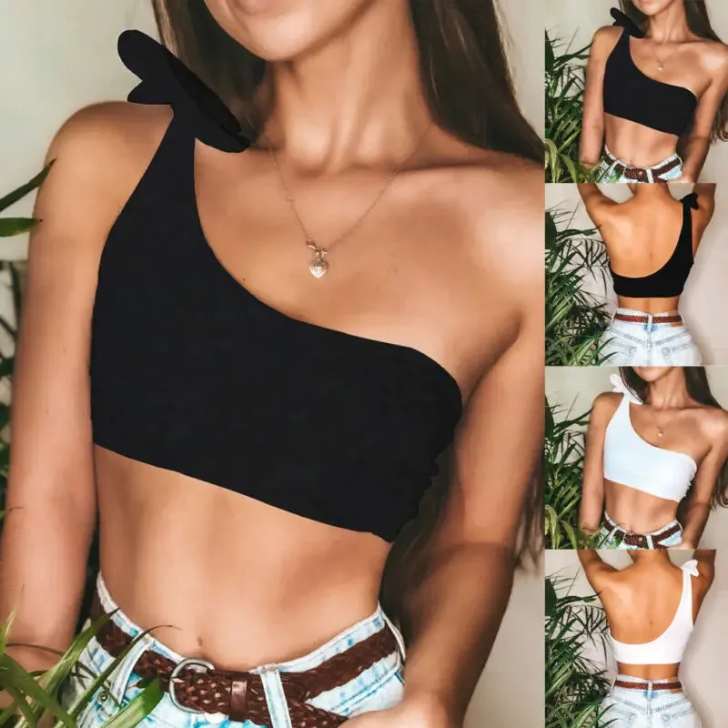 Uniwim New Women Summer Trendy Tank Tops Solid Color One-Shoulder Sleeveless Slim Crop Tops For Ladies Black Club Streetwear Hot S M L