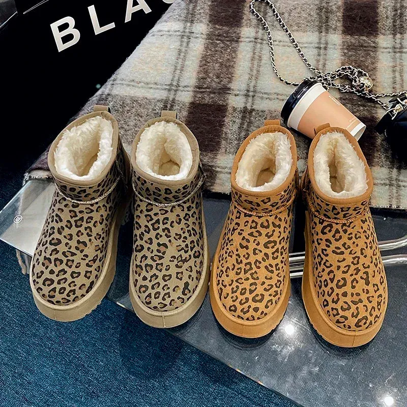 Uniwim Women Leopard Print Shoes 2024 Winter New Comfortable Warm Women's Snow Boots Non-slip Wear-resistant Fashion Plush Short Boots