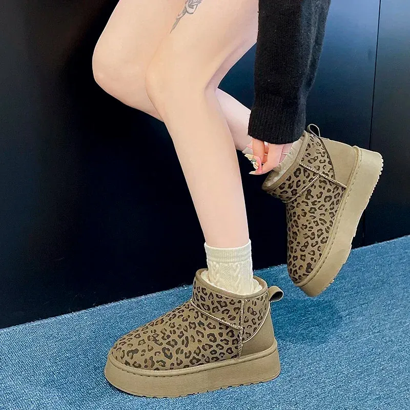 Uniwim Women Leopard Print Shoes 2024 Winter New Comfortable Warm Women's Snow Boots Non-slip Wear-resistant Fashion Plush Short Boots