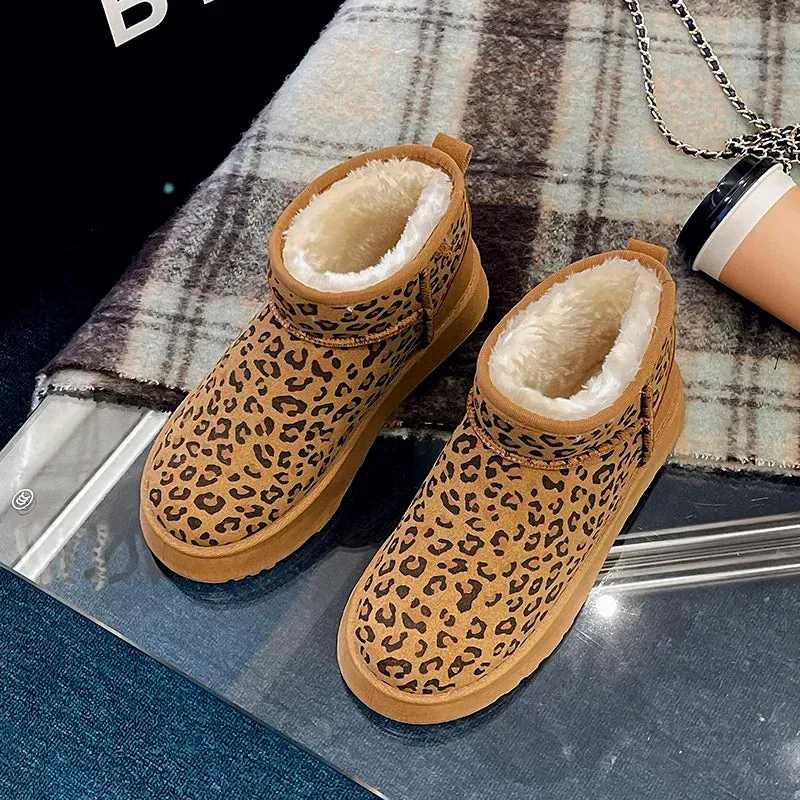 Uniwim Women Leopard Print Shoes 2024 Winter New Comfortable Warm Women's Snow Boots Non-slip Wear-resistant Fashion Plush Short Boots