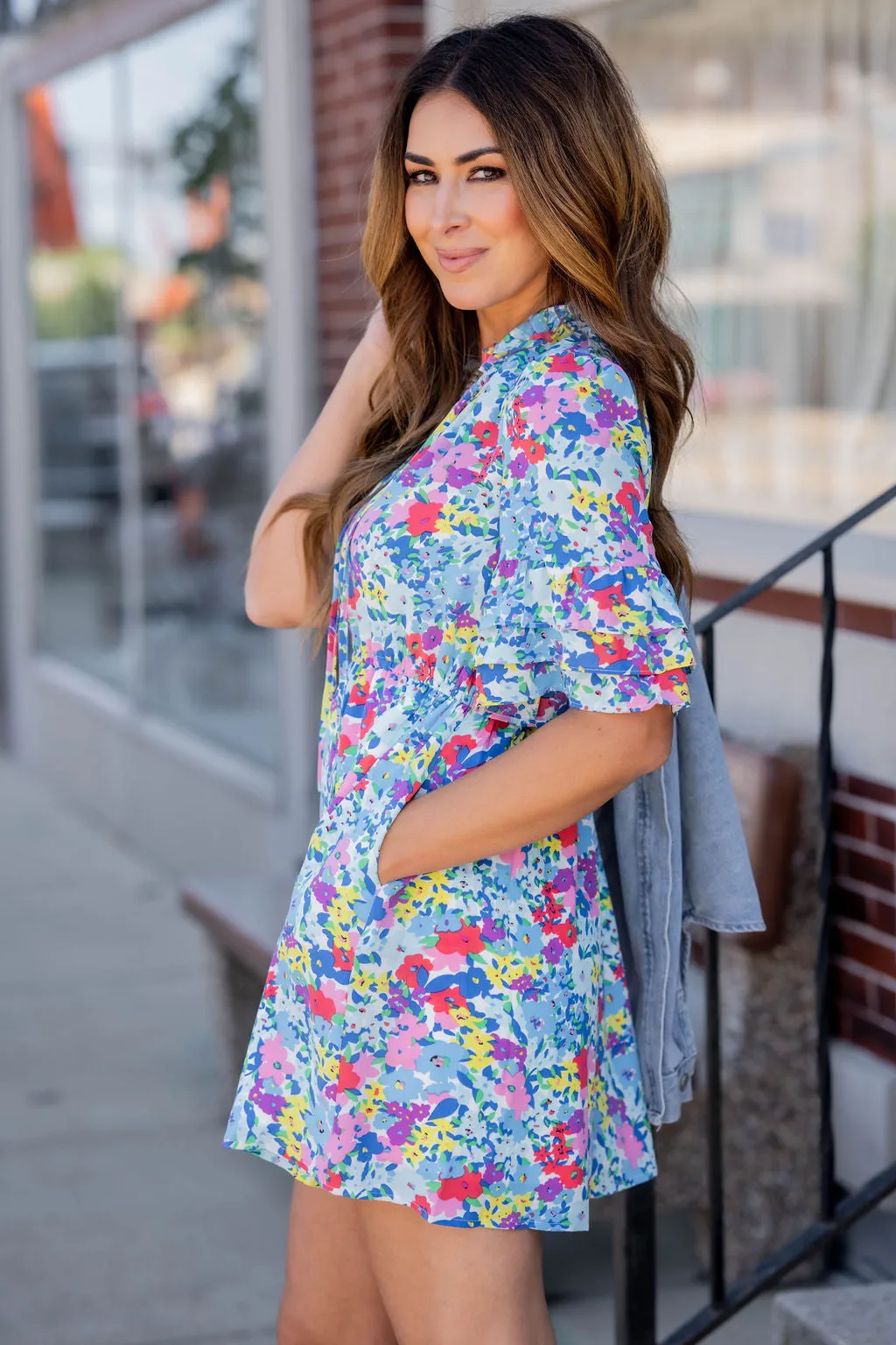 Vibrant Blooms Triple Ruffle Sleeve Dress