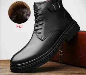 Winter Boots Men Warm Fur Plush Snow Boots Comfy Leather Outdoor Anti-Skid Durable Outsole Autumn Men Boots