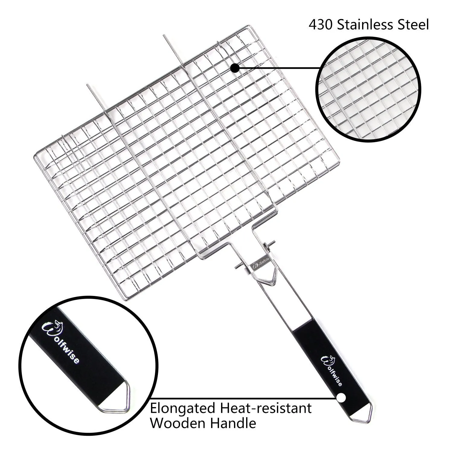 WolfWise Portable 430 Stainless Steel BBQ Barbecue Grilling Basket for Fish Vegetables Steak Shrimp