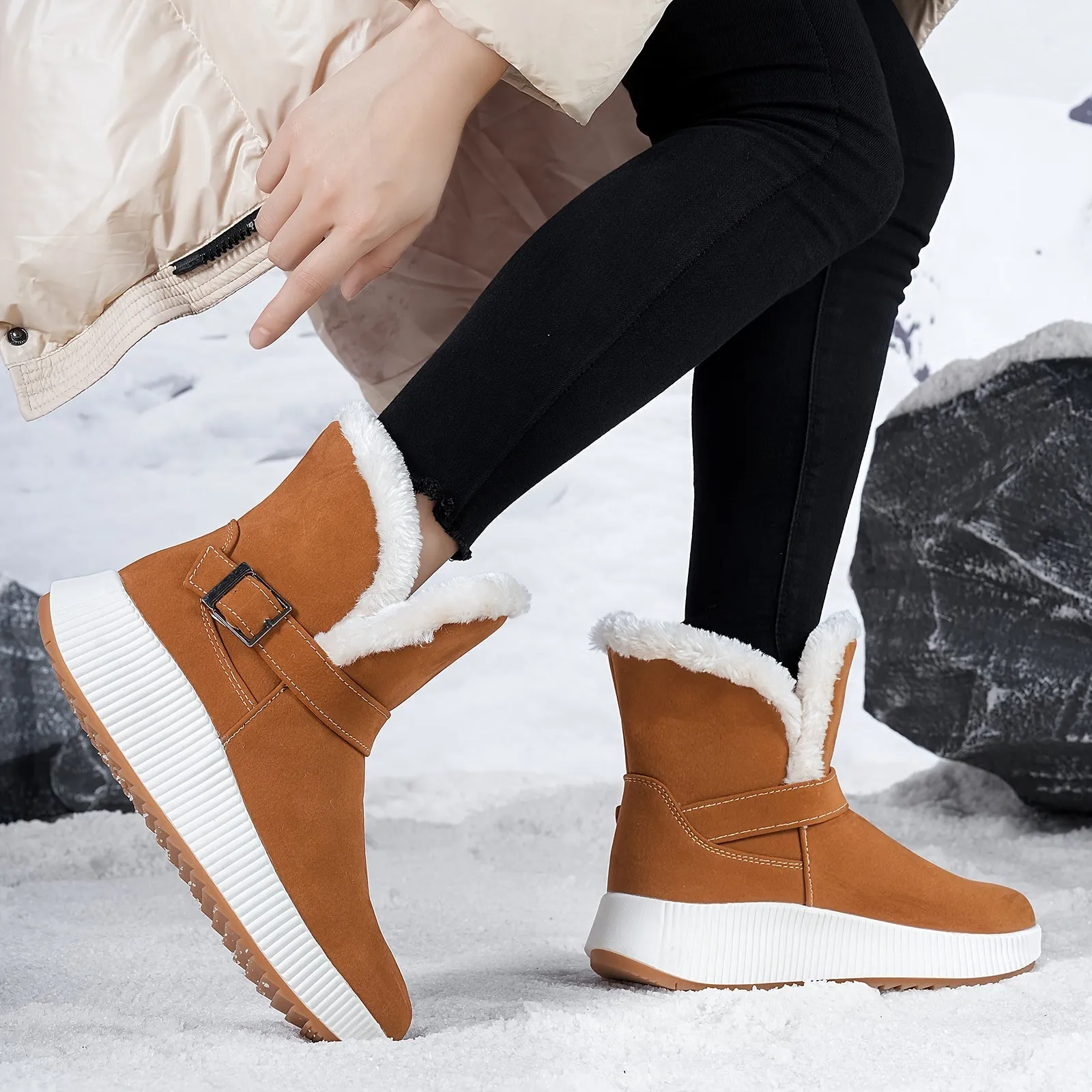 Women's Fashion Snow Boots - Lightweight, Thick Sole, Warm Plush Lining, Rubber Sole, Microfiber Faux Leather for Fall/Winter