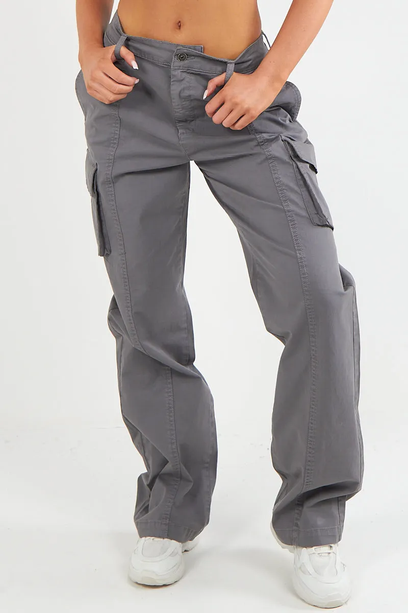 Women's Twill Combat Stretch Straight Leg French Seam Cotton Cargo Low Waist Trousers