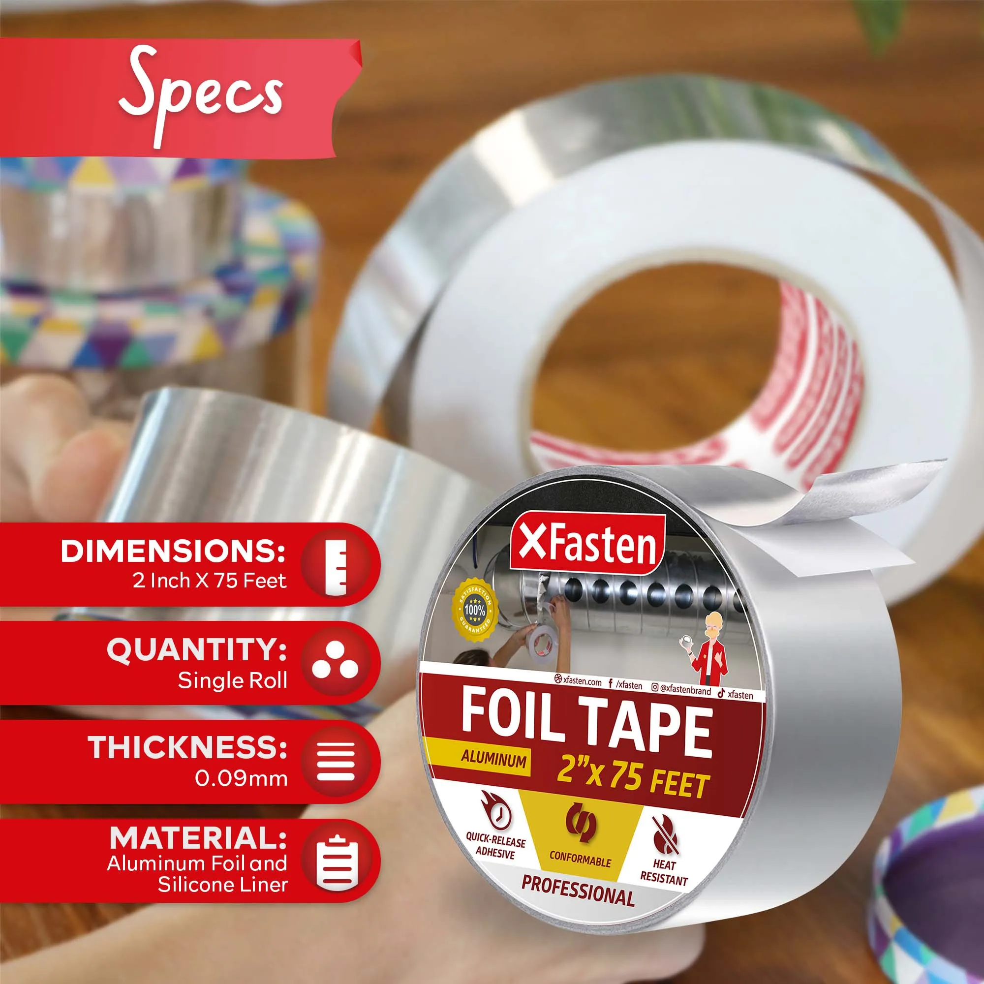 XFasten Aluminum Foil Tape 2 Inches x 75 Feet