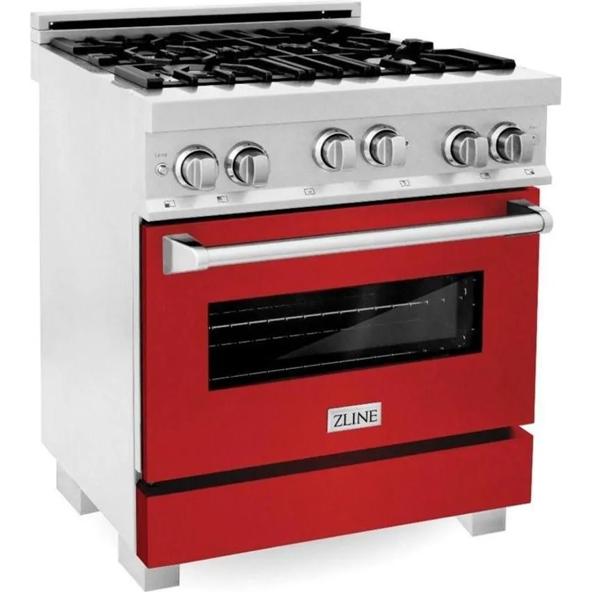 ZLINE 30" Professional Gas Range In DuraSnow with Red Matte Door & 30" Range Hood Appliance Package 2KP-RGSRMRH30