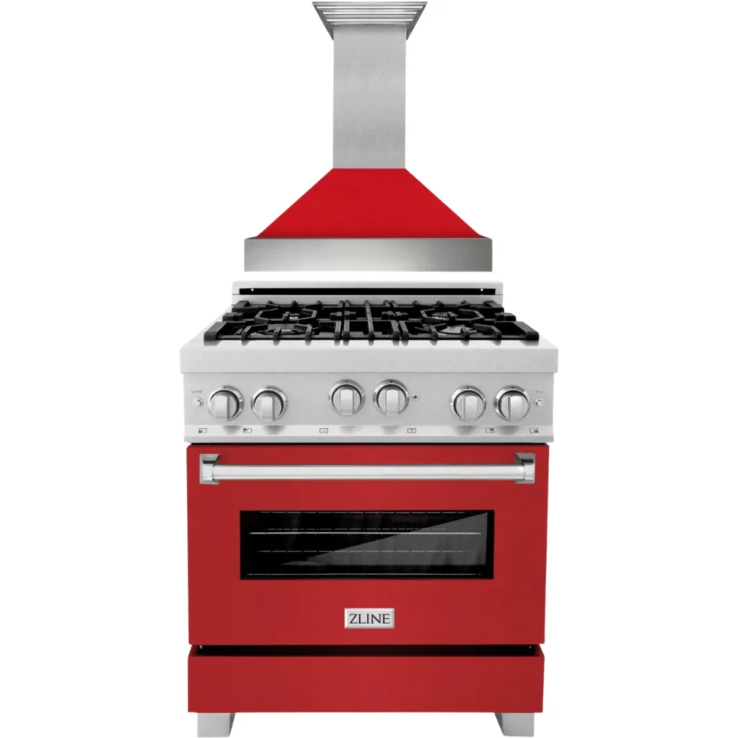 ZLINE 30" Professional Gas Range In DuraSnow with Red Matte Door & 30" Range Hood Appliance Package 2KP-RGSRMRH30