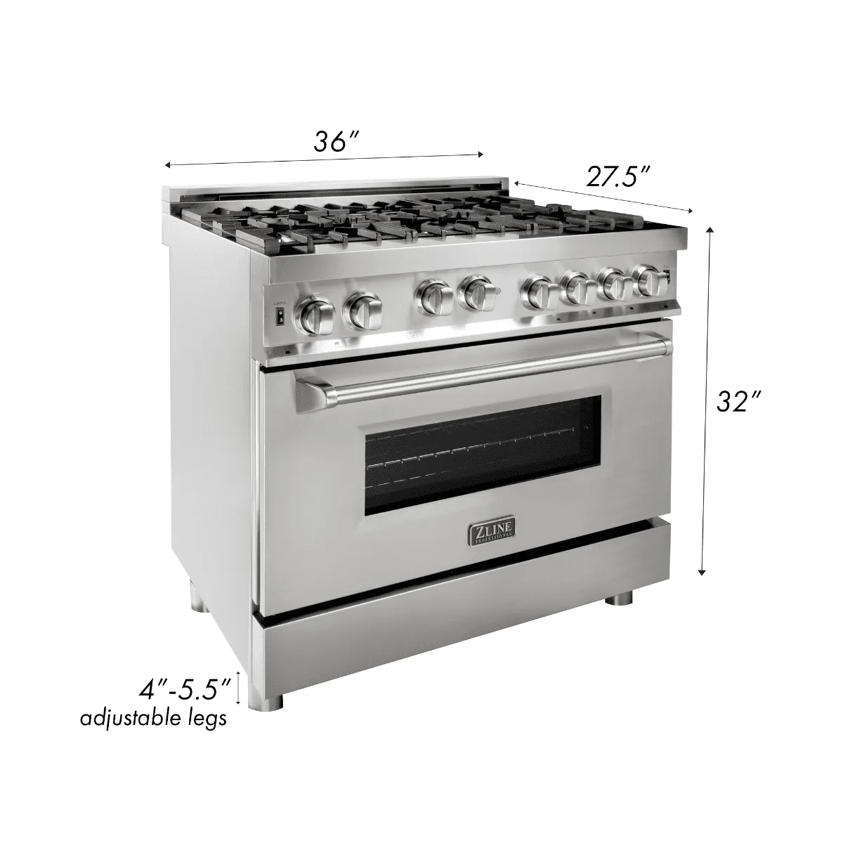 ZLINE 36 in. Professional 6 Gas on Gas Range in Stainless Steel with DuraSnow® Finish Door, RG-SN-36