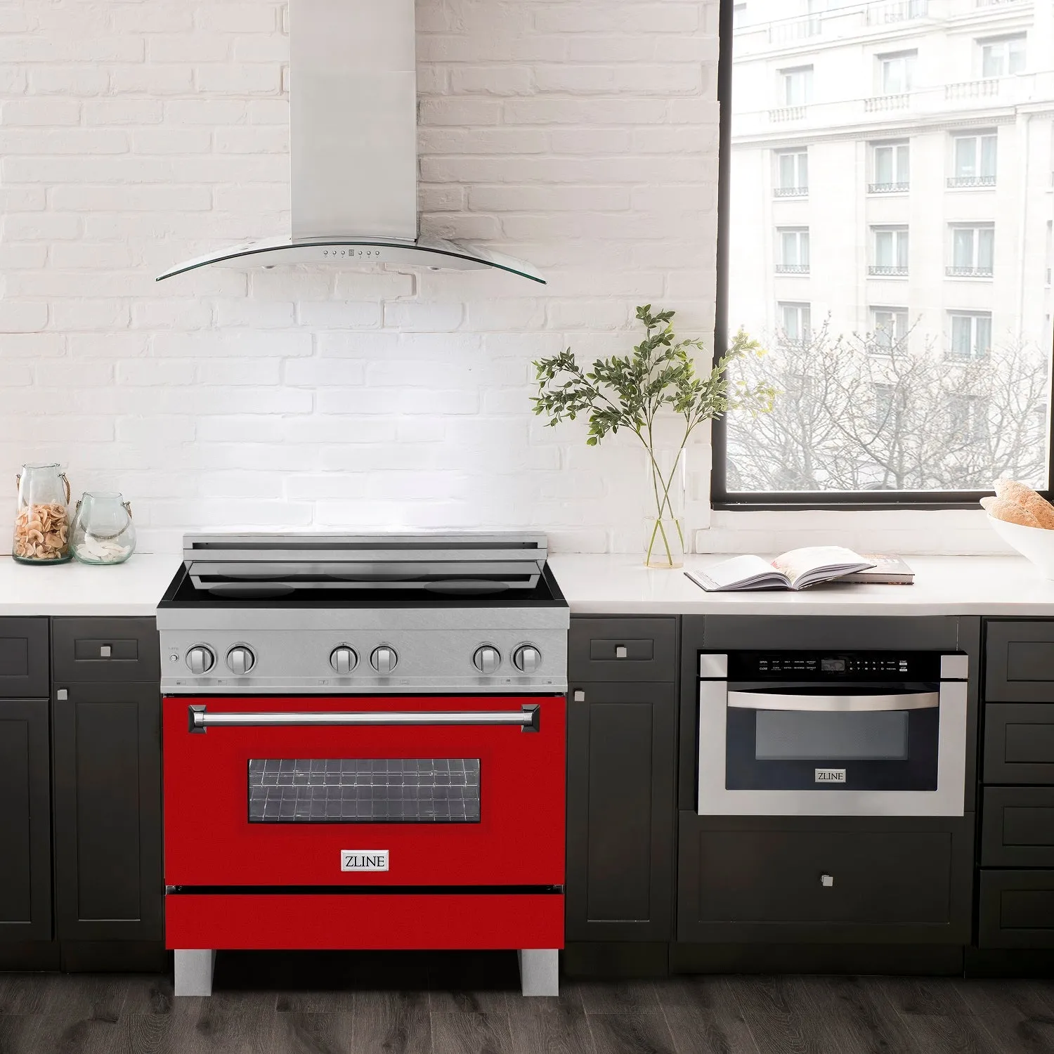 ZLINE 36" 4.6 cu. ft. Induction Range with a 4 Element Stove and Electric Oven in DURASNOW® Stainless Steel and Red Gloss (RAINDS-RG-36)