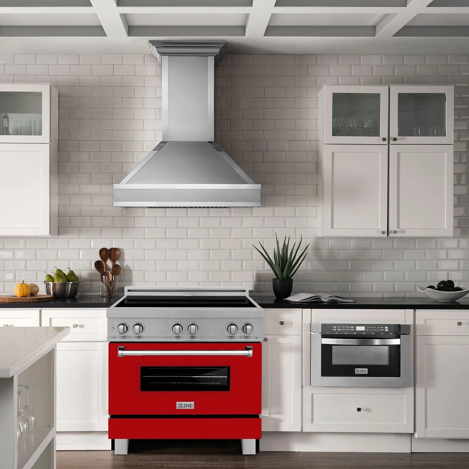 ZLINE 36" 4.6 cu. ft. Induction Range with a 4 Element Stove and Electric Oven in DURASNOW® Stainless Steel and Red Gloss (RAINDS-RG-36)