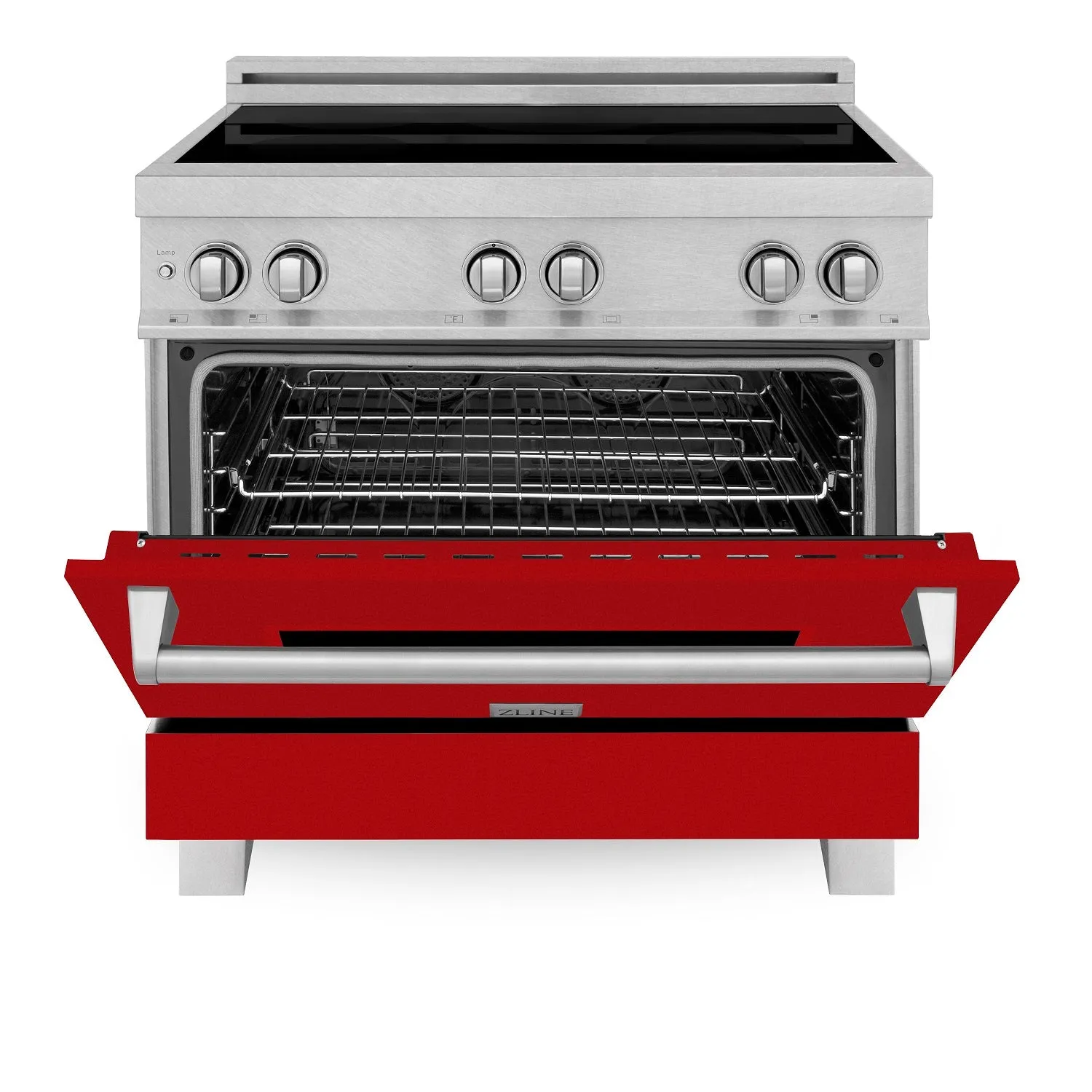 ZLINE 36" 4.6 cu. ft. Induction Range with a 4 Element Stove and Electric Oven in DURASNOW® Stainless Steel and Red Gloss (RAINDS-RG-36)